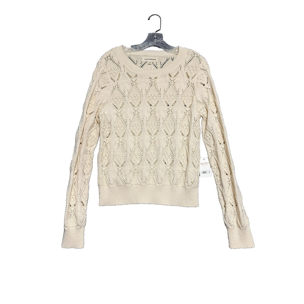 Lucky Brand Crochet Pointelle Knit Sweater Womens M Beige Boho Cottagecore NWT
